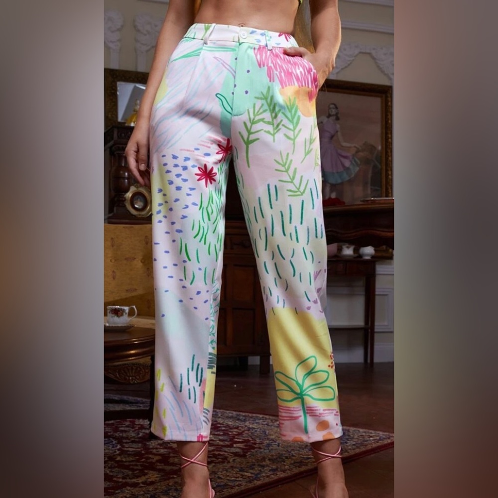 Never Worn Zipper Fly Slant Pocket Plant Print Pants